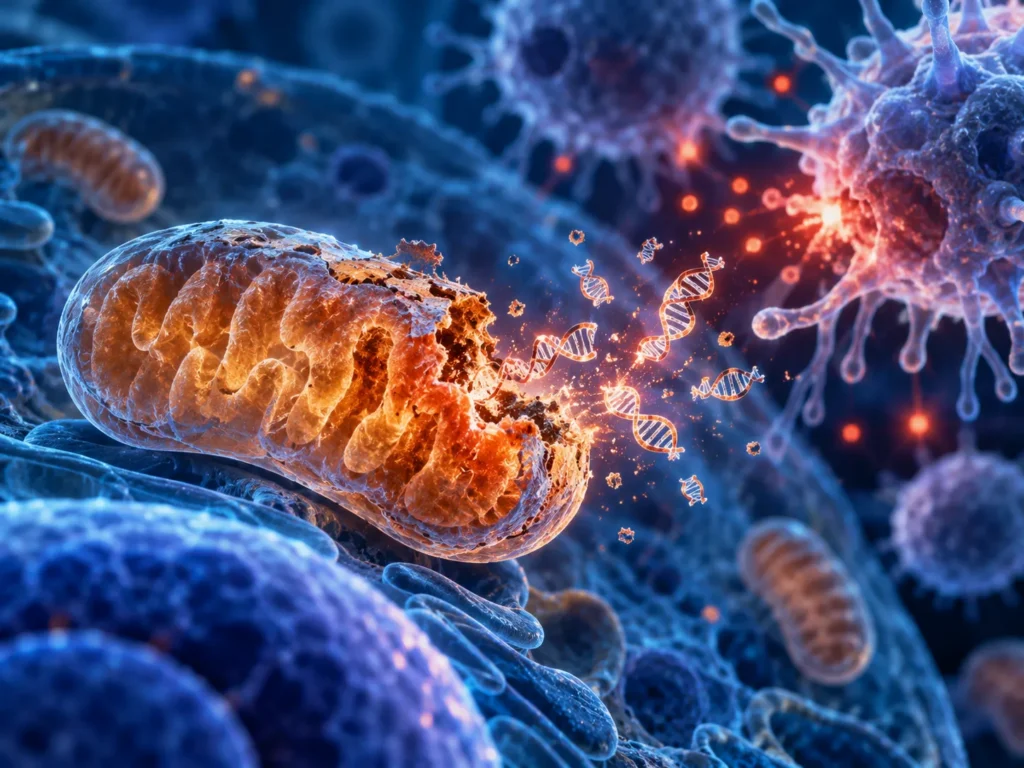 Poškodená mitochondria uvoľňujúca mitochondriálnu DNA a zápalové signály